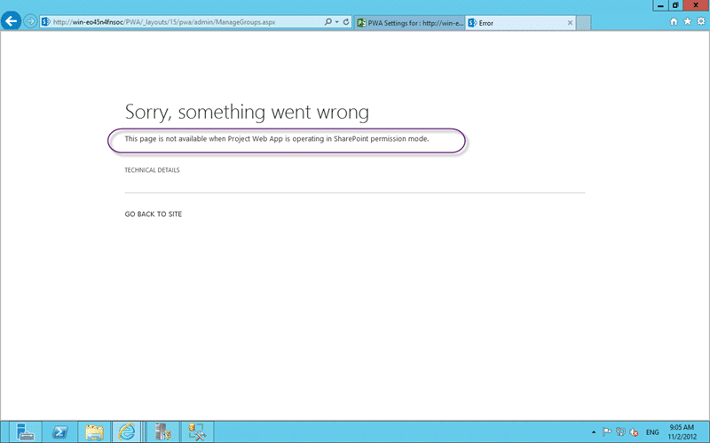 This page is not available when Project Web App is operating in SharePoint permission mode This page is not available when Project Web App is operating in SharePoint permission mode