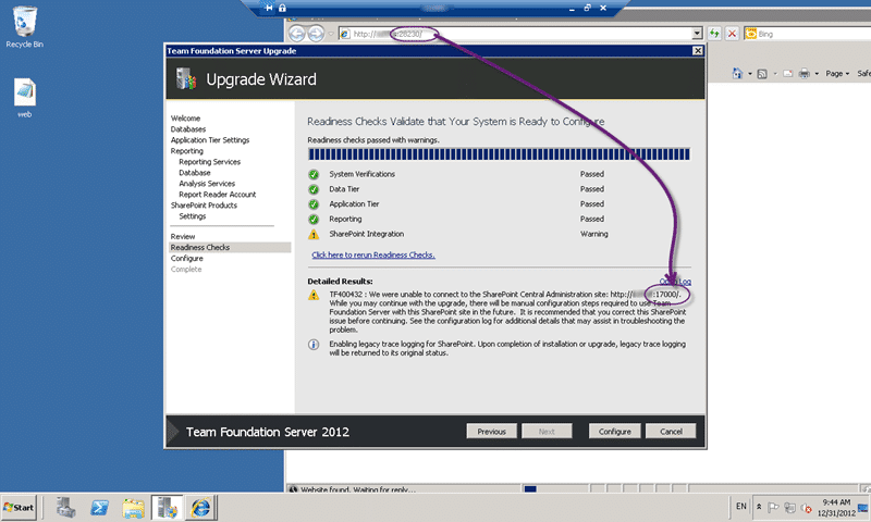TF400432 : We were unable to connect to the SharePoint Central Administration site